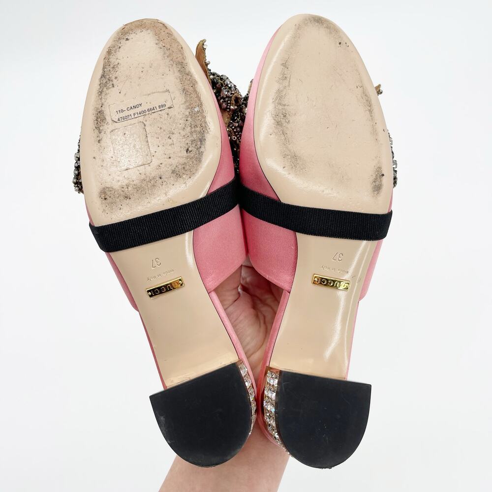Gucci Candy Pink Silk Removable Crystal Embellished Bow Block Heel Mules EU 37 - Picture 15 of 16